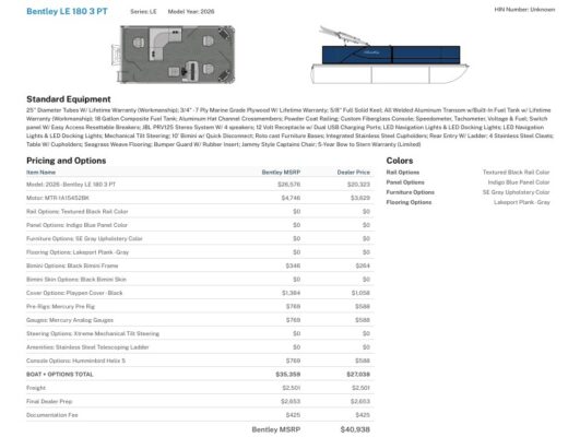 2026 Bentley 180 LE 3 PT