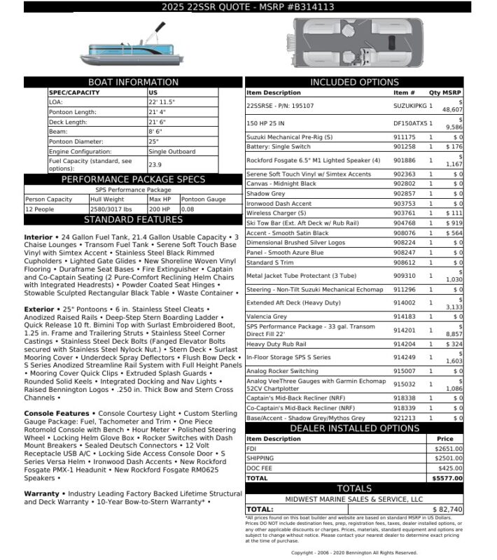 2026 Bennington 22 SSR Base