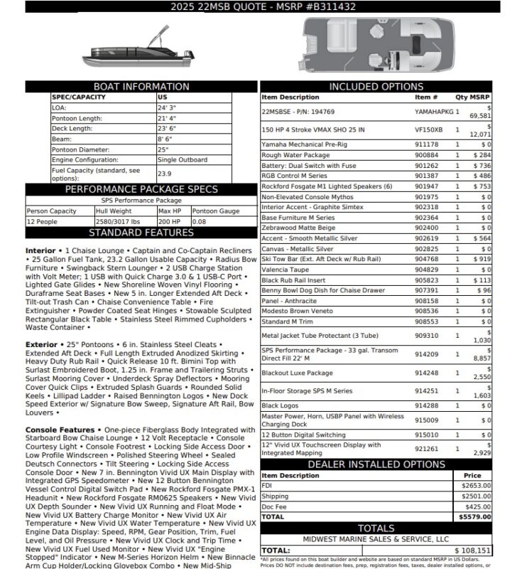 2026 Bennington 22 MSB Base