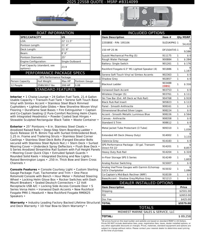 2026 Bennington 22 SSB Base