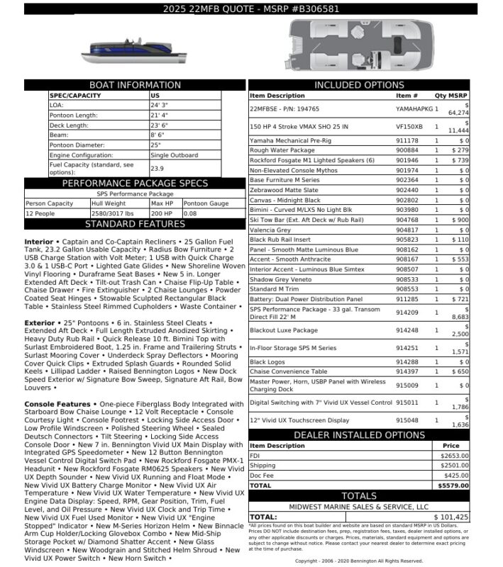 2026 Bennington 22 MFB Base