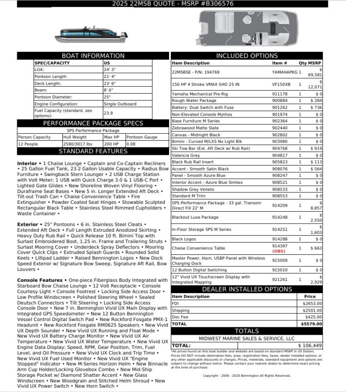 2026 Bennington 22 MSB Base