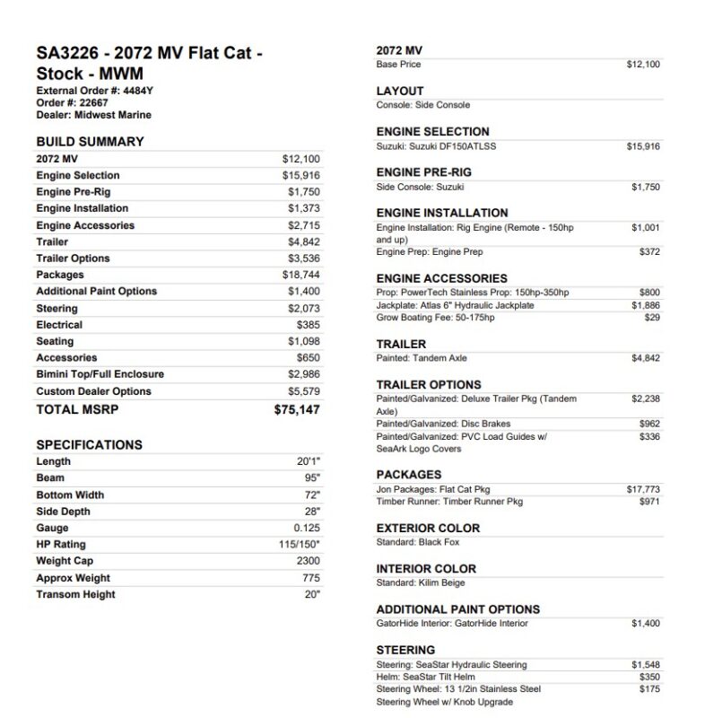 2026 SeaArk 2072 MV Flat Cat