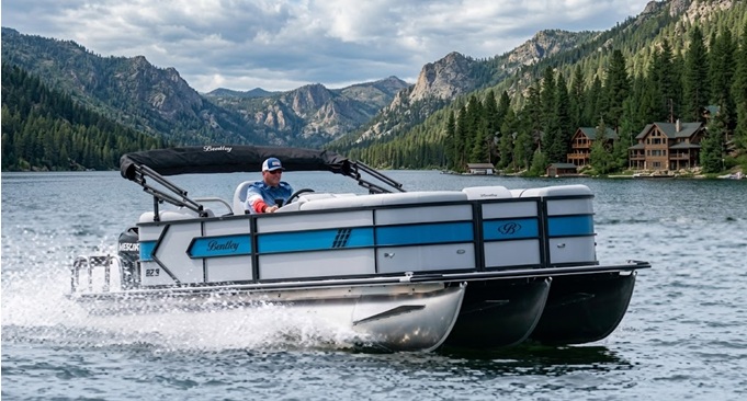 2026 Bentley Pontoon Boat cruising on a scenic lake - Available at Midwest Marine Boats Kansas City